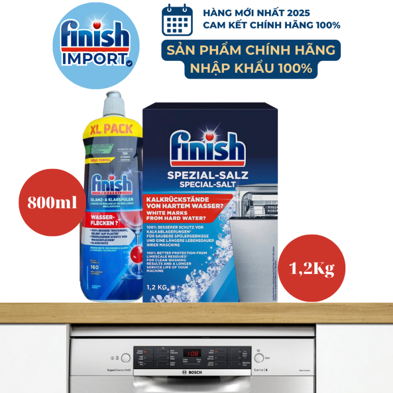 Combo trợ xả Finish tiết kiệm: Muối Finish 1,2kg (làm mềm nước) + Nước làm bóng Finish 800ml (hỗ trợ khô và làm bóng thủy tinh).
